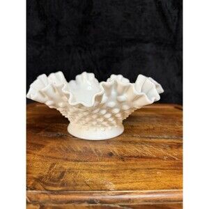 Vintage Milk Glass Hobnail Ruffled Bowl Unmarked Pedestal Rose Bowl